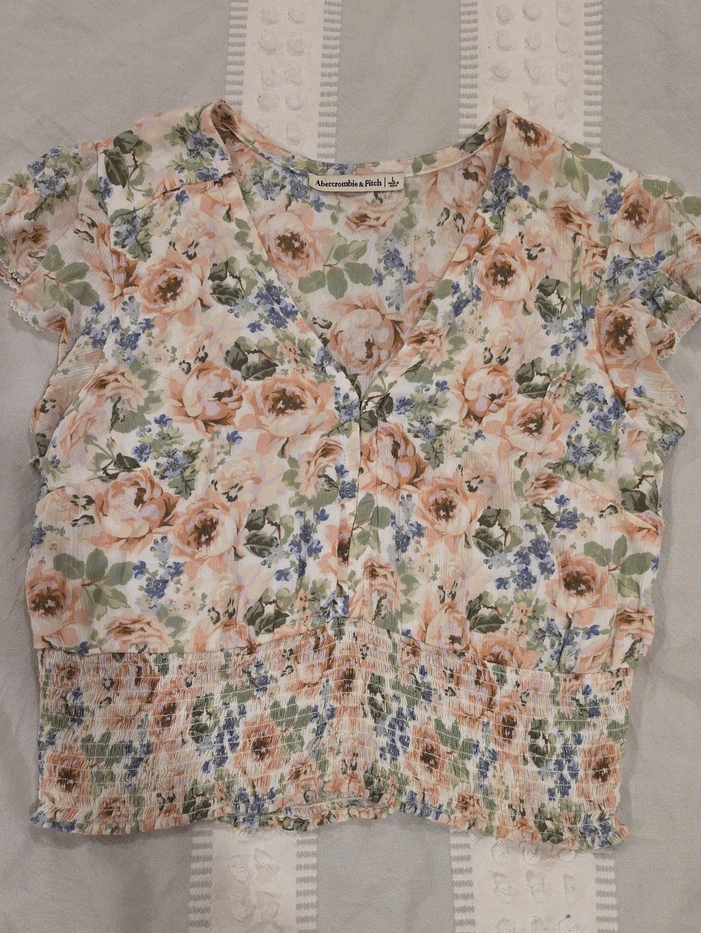 Abercrombie & Fitch Peach and Green Floral Smocked Crop Top